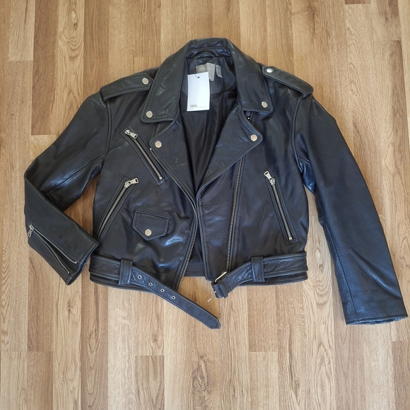 NWT Blue Black 100% Leather Biker Jacket ASOS - Picture 2 of 8